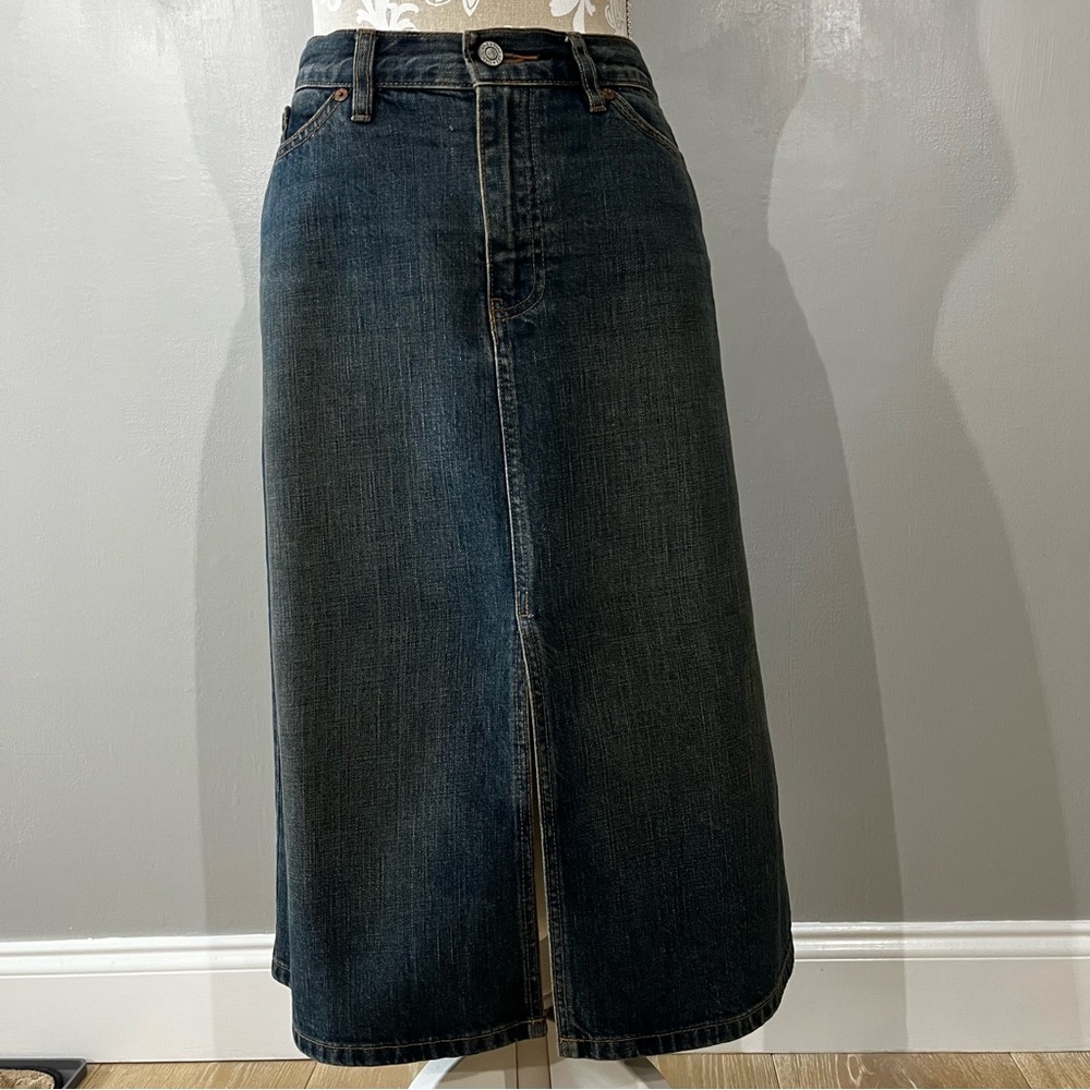 Y2K GAP Jeans Denim Midi Skirt Front Slit / Size 8 Hong Kong Yellow Tint